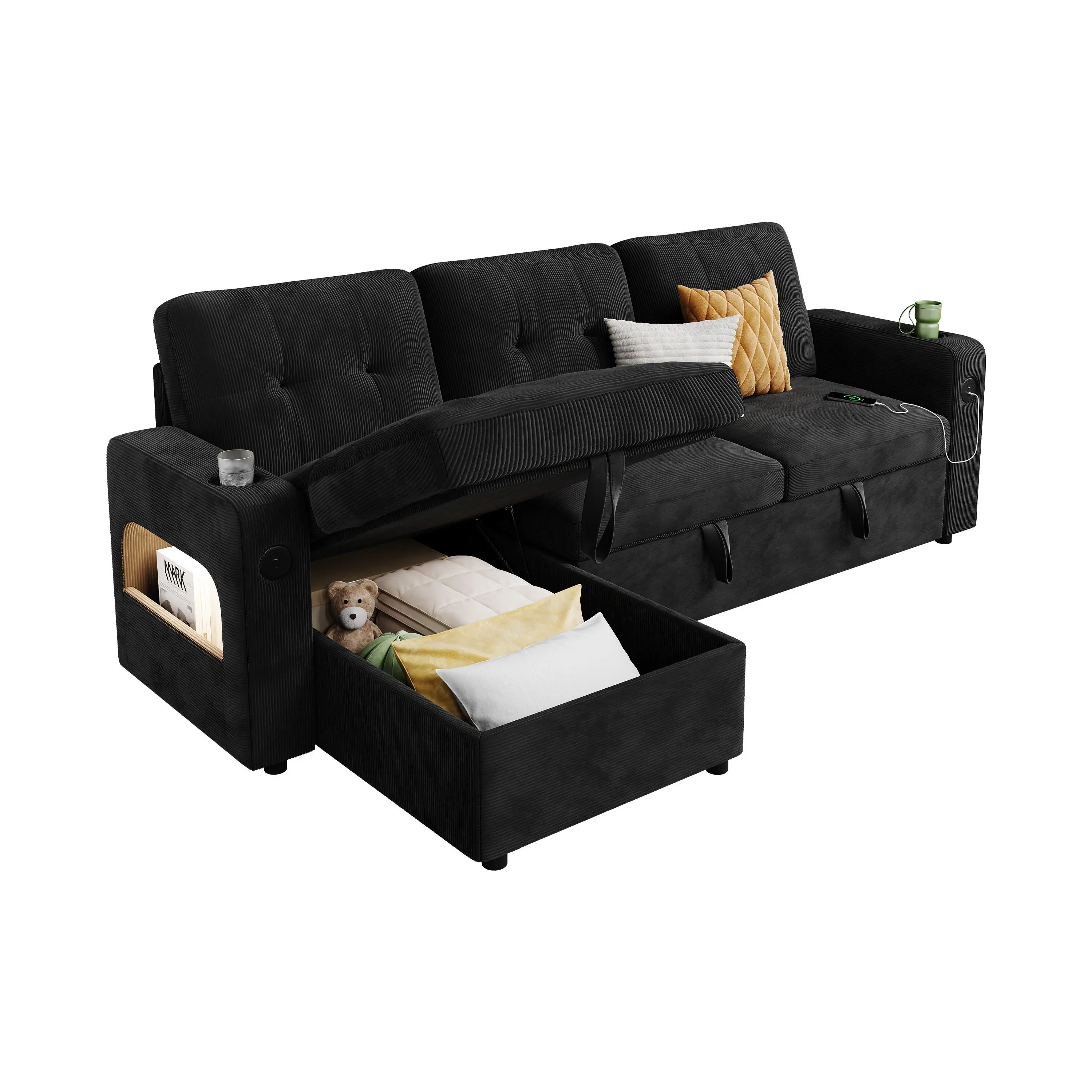84" L Shaped Sleeper Sofa, Convertible Pull-Out Couch Bed with Storage & Charging Station, Sectional Sofa Bed with Cup Holder, Reversible Chaise for Living Room, Corduroy