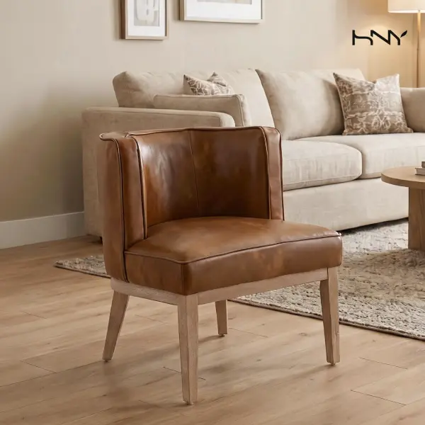 HNY Brown Leather Upholstered Barrel Chair - Cushioned Modern Upholstered Armchair, Decorative Round Arm Indoor Furniture Chair with Wood Legs for Living Room, Reading Nook, Cushioned Chairs, Decorative Chair