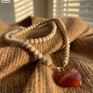 Women's Boho Wood Bead Chain Necklace with Amber Heart Pendant, Vintage Layered Ethnic Sweater Chain, Accessories for Women, Daily Wear & Gift Option, Boho Necklaces