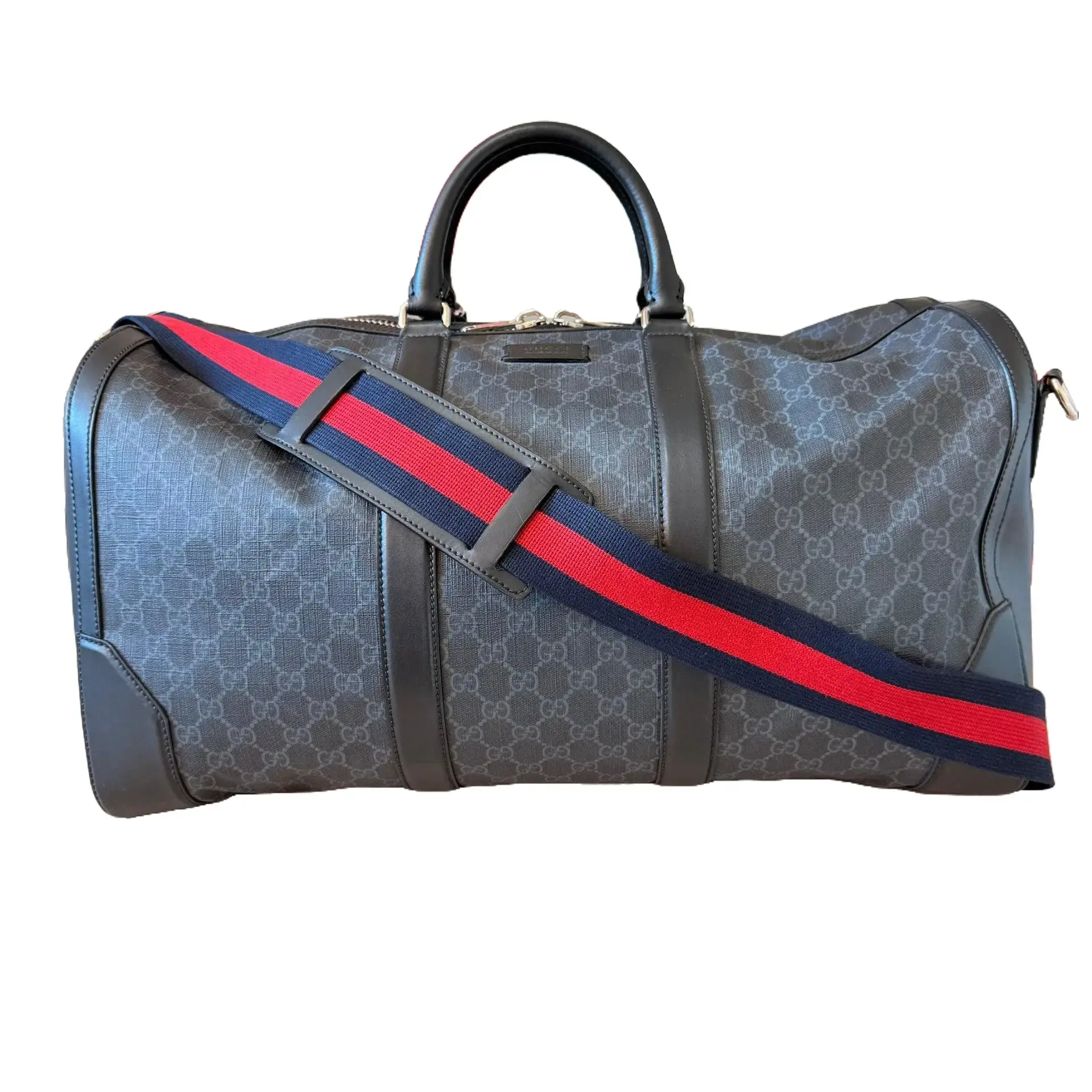 Pre-owned GUCCI Coated Canvas Luggage GG Supreme Monogram Weekender Duffle Black