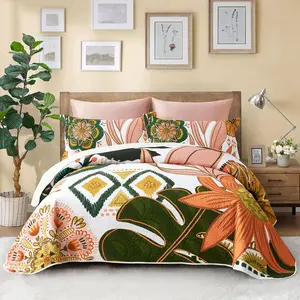 3 Piece Boho Floral Full/Queen Quilt Sets Farmhouse Botanical Reversible Lightweight Bedspread Coverlet with 2 Shams Mid Century Leaves Microfiber Bedding Quilts Set for All Season, 90''x96''