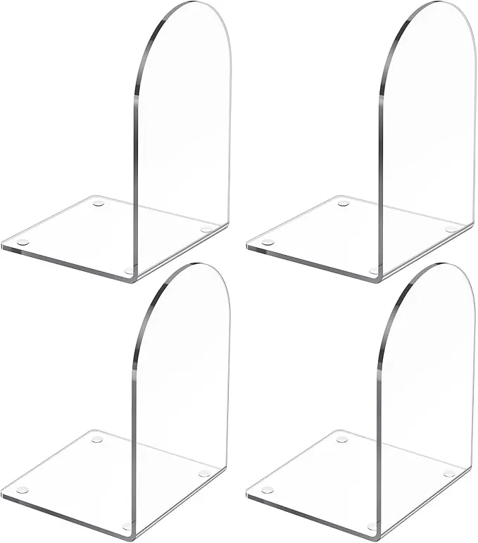 4 Pcs Acrylic Bookends, Clear Book Ends for Heavy Books, Bookend Holders for Shelves, Arch Book Stopper to Hold Books, Decorative Bookends for School, Library, Home, Office