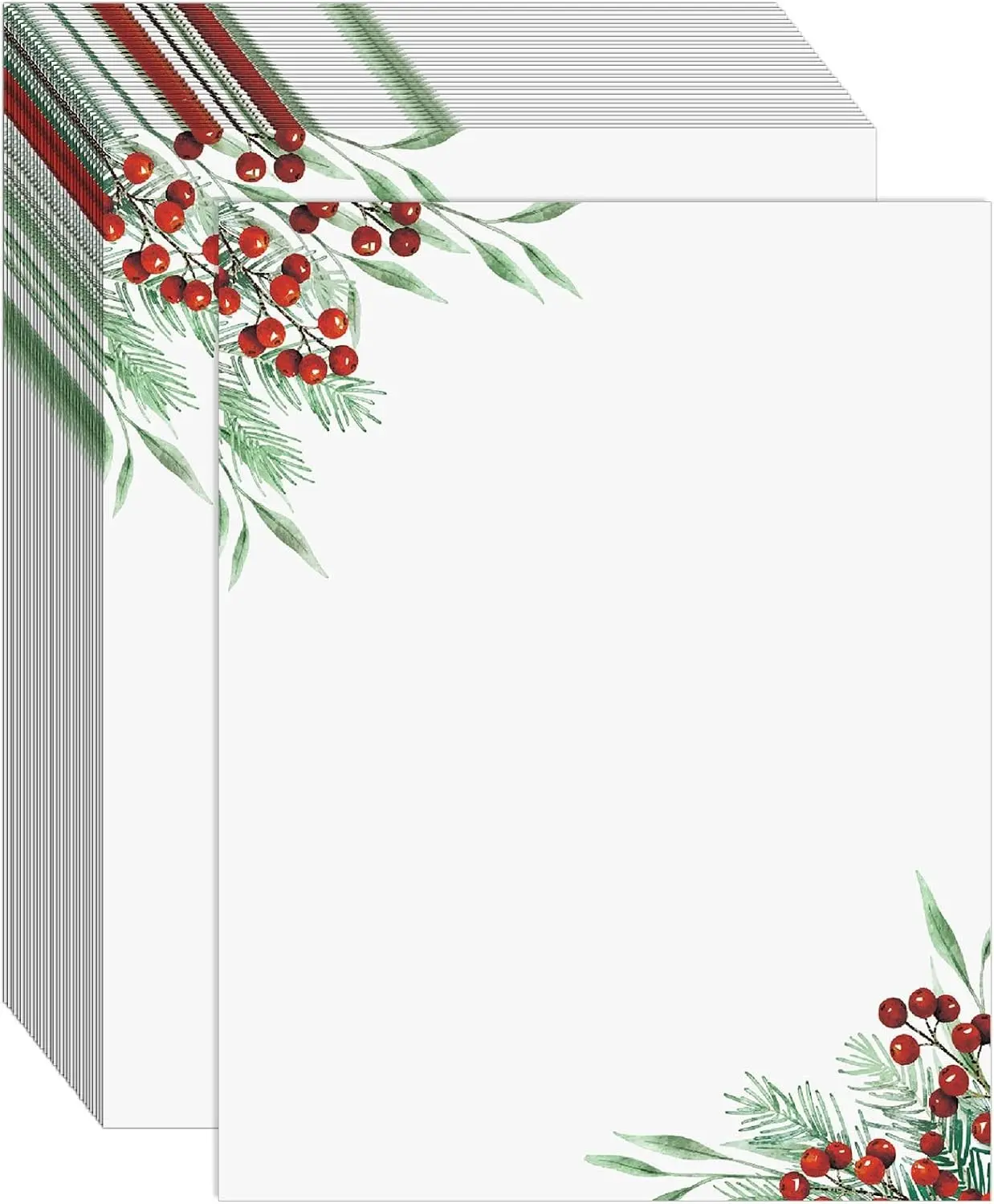 100 PCS Pine and Berry Christmas Holiday Letterhead Christmas Border Computer Paper Stationery Paper for Note Letters to Santa Holiday Watercolor Printer Papers Invitations Office School 8.5 x 11 In