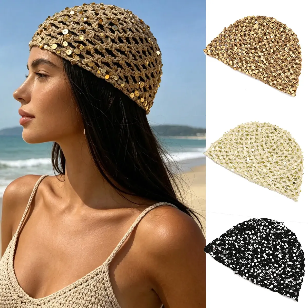 AWAYTR Women's Summer Sequined Knitted Beanie Hat Y2K Hollow Out Breathable Crochet Hat for Beach Vacation AWAYTR Women's Summer Sequined Knitted Beanie Hat Y2K Hollow Out Breathable Crochet Hat for Beach Vacation