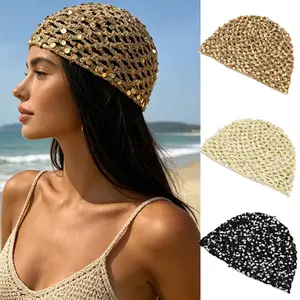 AWAYTR Women's Summer Sequined Knitted Beanie Hat Y2K Hollow Out Breathable Crochet Hat for Beach Vacation outdoorfun