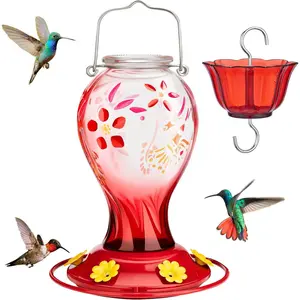 Glass Hummingbird Feeder for Outdoors Hanging - 26 oz Leak Proof Nectar Feeder with 6 Feeding Ports & Ant Moat for Garden Backyard Decor, Red