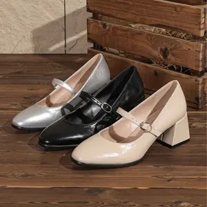 Black high-heeled shoes, chunky heel, thick-soled Mary Jane sandals, retro-style square-toed shoes, casual office women's shoes