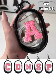 Portable Mini Transparent Zipper Storage Bag, Rose Red Towel Embroidered Letters A-Z,Compact Multi-Functional Storage Bag,Earphone And Charger Box With Keychain,Transparent Travel Accessory, Exquisite And Compact,Data Cable Storage Bag,Cosmetic Bag