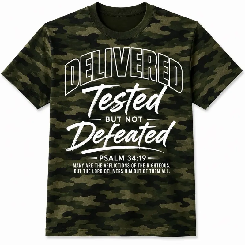 Unisex Camouflage Shirt "Delivered Tested But Not Defeated" Psalm 34:19 Design Sizes Small to 3x
