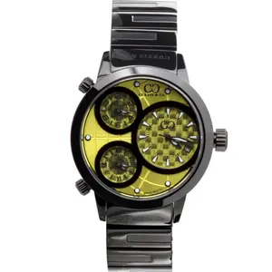Curtis & Co. BIG TIME WORLD 50mm Yellow Dial Black Case Swiss Quartz Watch with 3 Time Zones Stainless Steel & Silicone Strap for Men Women Luxury