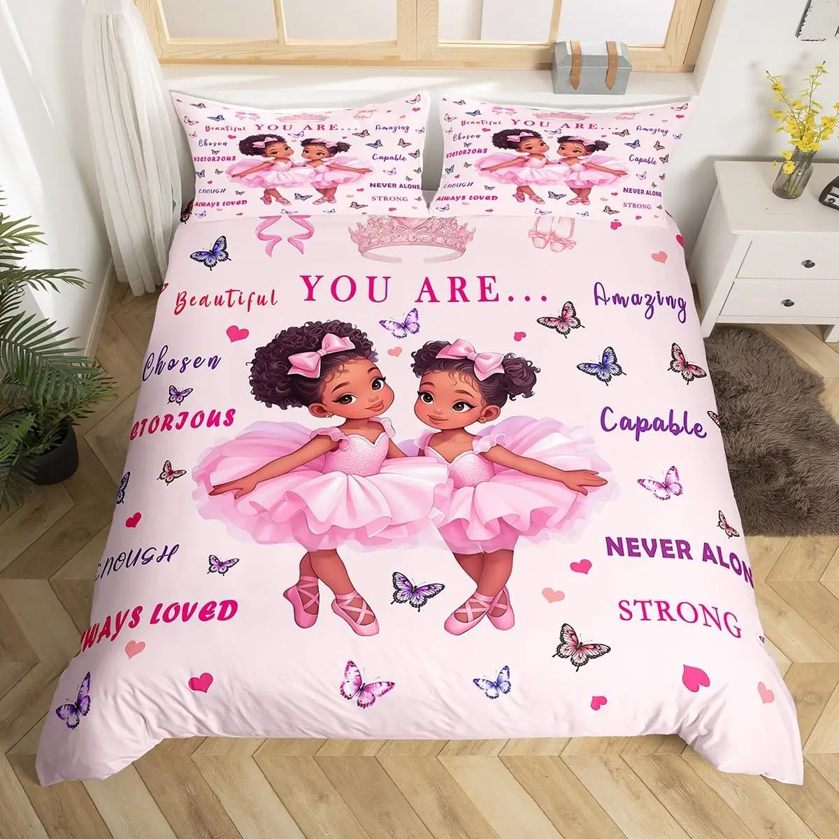 Feelyou Modern High Polyester Microfiber Soft Decorative Bedding Set - Black-Pink American Ballet Dancer Duvet Cover Set, Cute Ballerina Design, Zipper Closure, Breathable Multi-Size (Queen/Toddler, No Comforter Included)