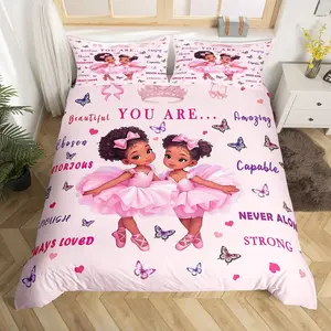 Princess Duvet Cover,American Black Pink Ballet Dancer Comforter Cover,Cute Ballerina Dancing Bed Set（Zipper Closure）,No Comforter