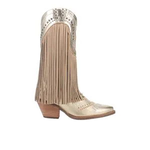 Dingo Womens Gypsy Studded Fringe Metallic Snip Toe Pull On  Casual Boots Mid Calf Mid Heel 2-3" - Gold