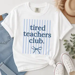 Comfort Colors Tired Teachers Club T-Shirt, Striped Teacher Tee, Funny Educator Tee, Preppy TShirt, Retro Trendy T-Shirt, Gift for Her - TrendWear USA