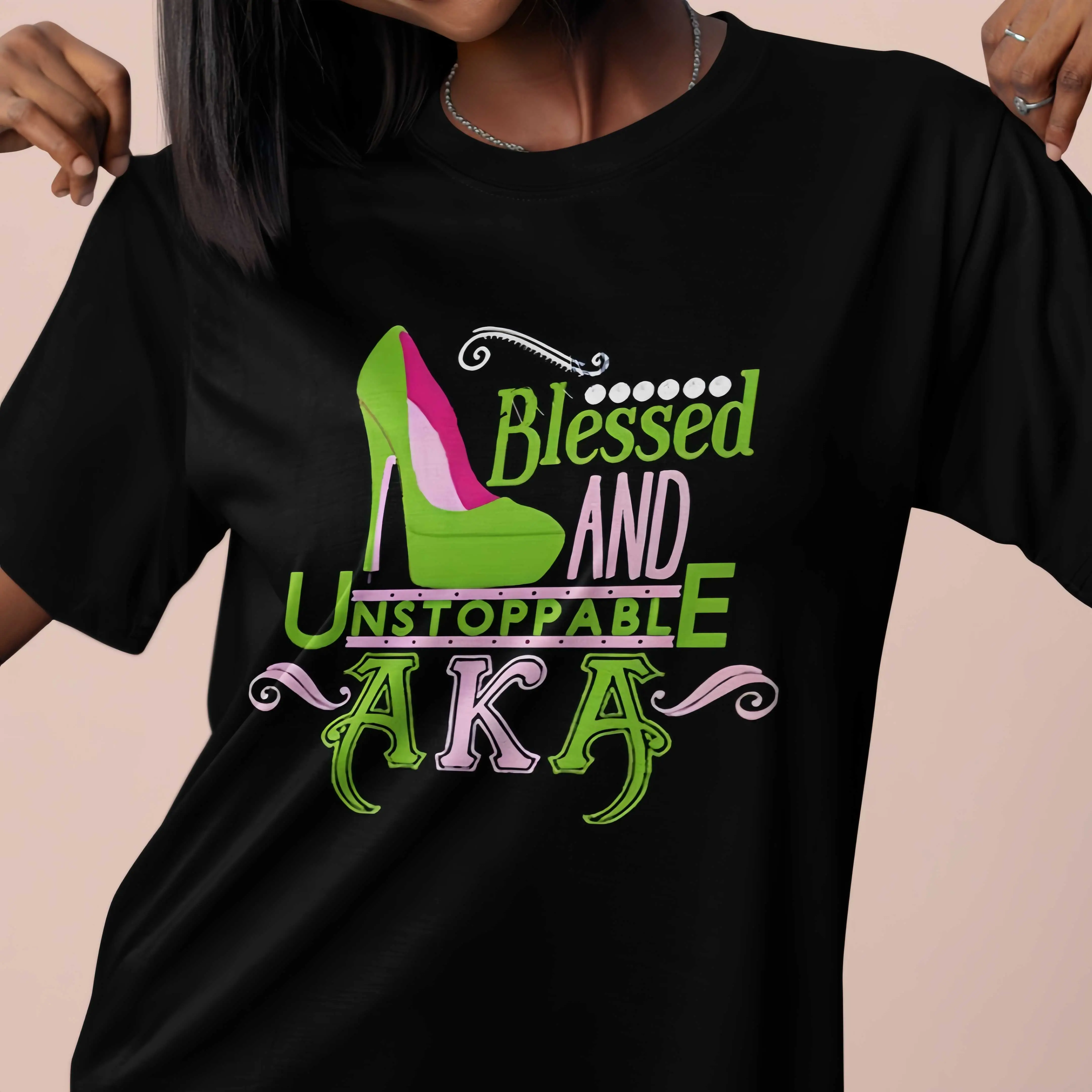 [AKA:Blessed AND Unstoppable]Women's 2025 Black Summer 100% Cotton Printed Short Sleeve T-Shirt - New Style, Round Neck, Comfortable, Fashionable, Good for Spring & Fall, Y2K Pattern