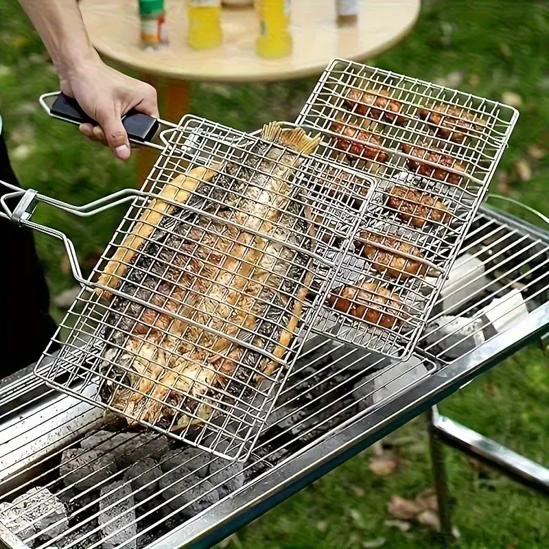 Lockable Foldable Stainless Steel Portable BBQ Grill - Heat Resistant, Rust-Resistant, Durable Reusable Camp Kitchen Gear with Easy-Clean Grids, Backyard Barbecue Station for BBQ Lovers, Dad Gift (Chicken, Steak Prep), Lock, Heat Resistant Bbq