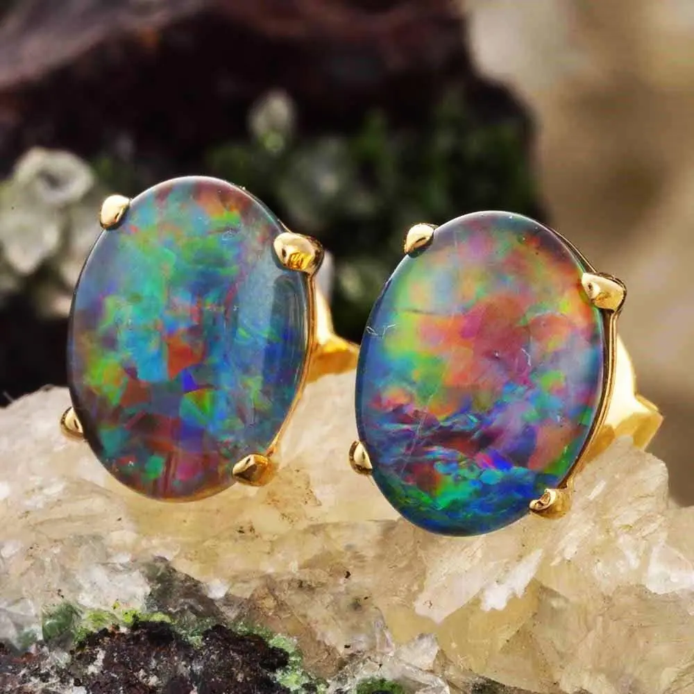 ANASTASIAIVORY 14KT GOLD AUSTRALIAN OPAL STUD EARRINGS, Classic Studs, Everyday Wear