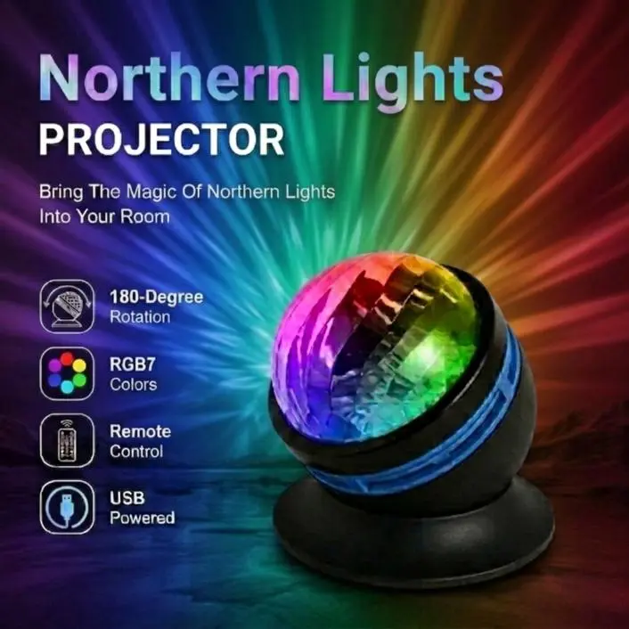 Northern Lights Projector, RGB 7-Color Aurora Projector Light with 180° Adjustable Rotation, Remote Control, USB Powered, Ambient Mood Light for Bedroom, Gaming Room, Party & Home Decor