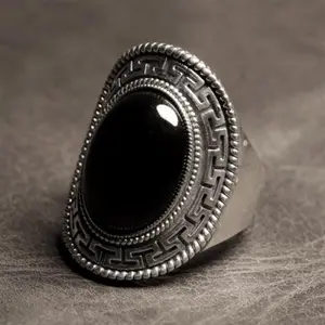High-end Silver Jewelry Men's Saddle Ring Pure Silver Inlaid Black Onyx Silver Ring Ethnic Style Domineering Retro Gift for Boyfriend