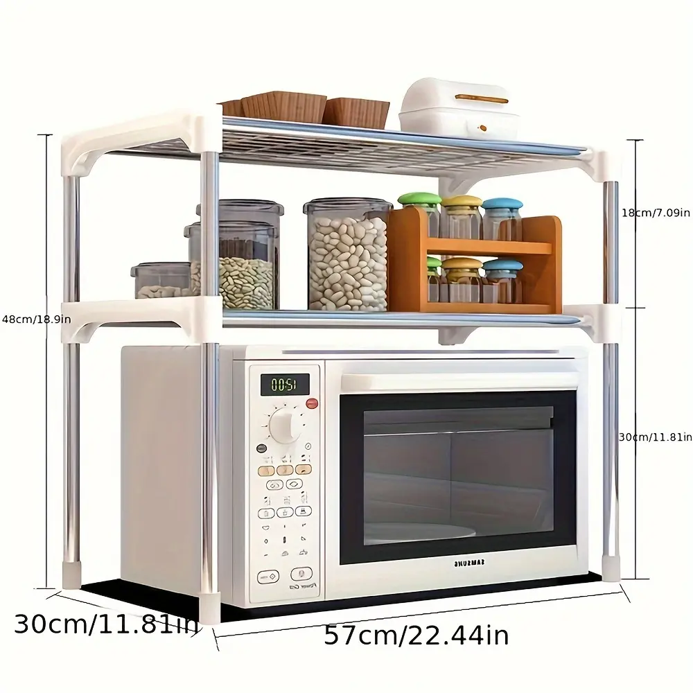 2-Tier Microwave Rack – Multifunctional, detachable design; ideal for countertop or cabinet storage to organize spices, jars, and tableware; perfect for small kitchens; durable and easy to assemble.