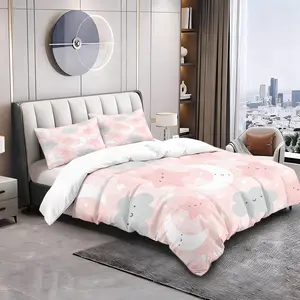 2/3pcs Cute Pink Cloud Moon & Star Duvet Cover Set, Kawaii Printed Comforter Cover, Kids Bedding Set No Filler for Girls Toddlers Bedroom Nursery Decor,Full Size, Decorative Bedding Set