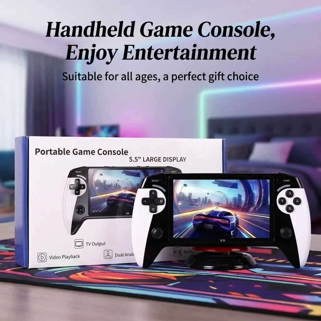 X9 5.5-Inch Screen Handheld Game Console, Dual Joystick Control, Supports Multiple Classic Games, AV TV Output, Retro Gaming, Compact & Portable, Rechargeable Portable Console