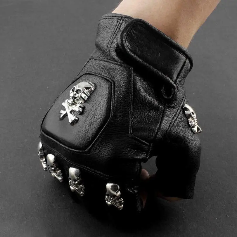 Men's Real Leather Skull Punk Rocker Hand Gloves - Fingerless Motorcycle Riding Driving Gloves, Motorcycle Riding Gloves