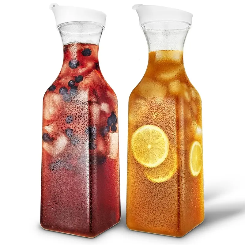 Plastic Juice Carafe with Lids (Set of 2) 50 oz Carafes for Mimosa Bar, Drink Pitcher with Lid, Water Bottle, Milk Container, Clear Beverage Containers for Fridge, Pantry Storage, Square Pitchers