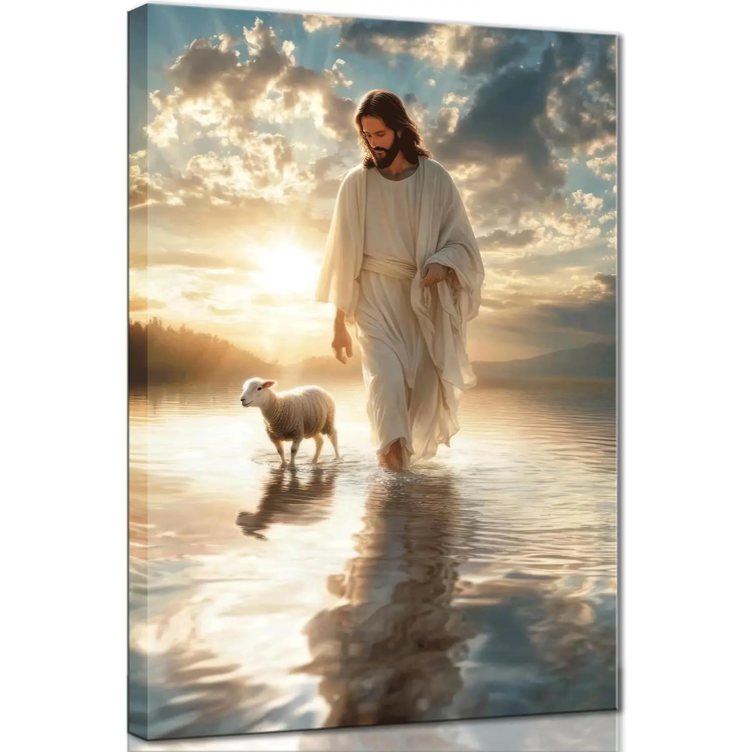 Christian Jesus Walking Figure Framed Canvas Wall Art - Artistic Religious Scene of Saving the Lost Lamb, Faith Decoration for Church, Living Room