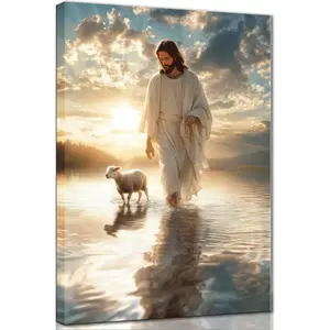 Jesus walking on water wall art saving the lost lamb wall decor Christian poster print Religion Canvas Picture suitable for Church living room bedroom Framed Decoration Ornaments Photo Artistic