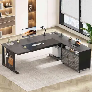 Sedeta 70.9x31.5in Modern Executive L-Shaped Standing Rolling Desk - Metal Frame, Engineered Wood, Rolling File Cabinet, Drawers, Sliding Hidden Drawers, Power Outlets, CPU Stand, Pegboard, Storage Shelves, Rolling Base