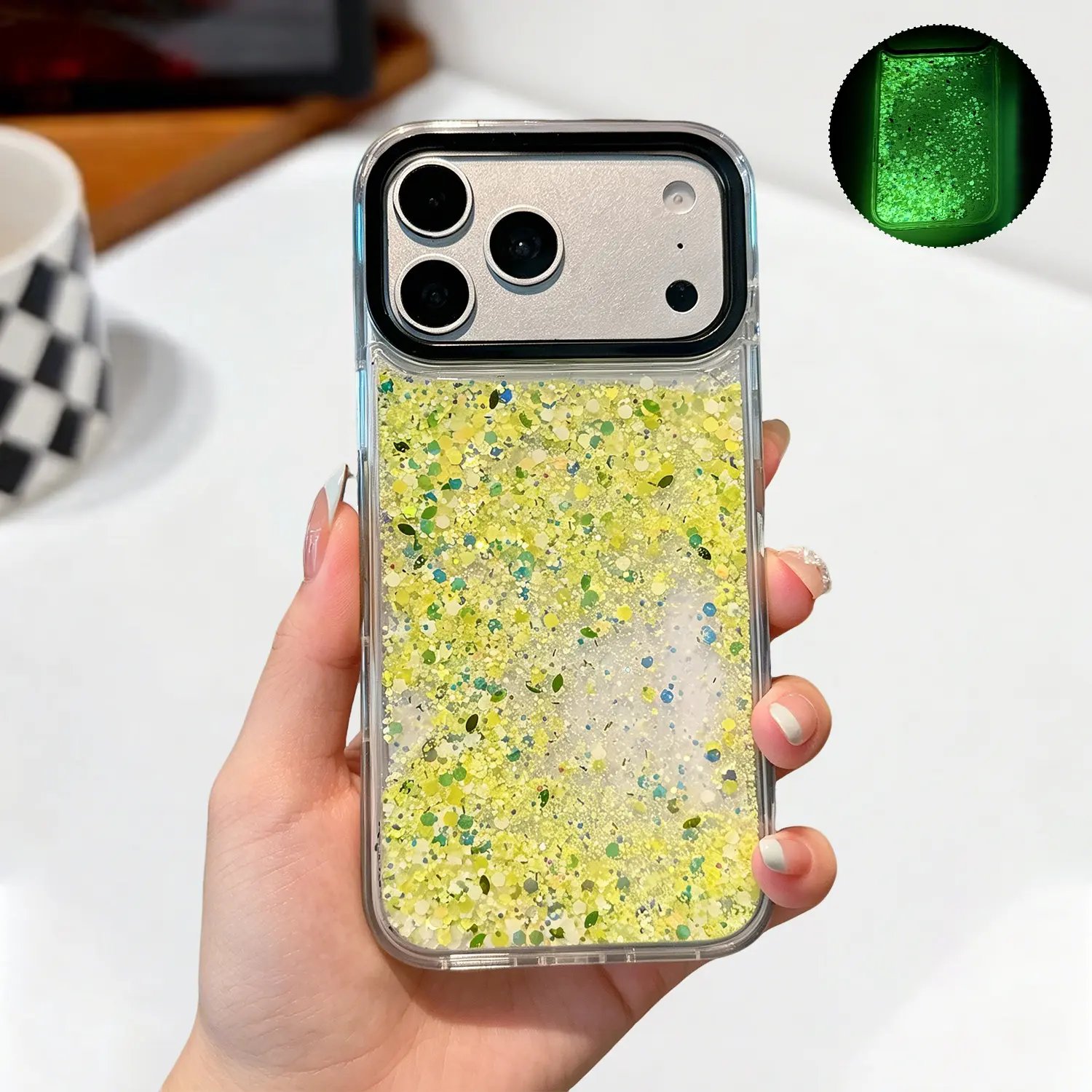 Luminous Quicksand Liquid Glitter Phone Case for iPhone 17 Pro Max – Glow in The Dark Flowing Sparkle Clear Shockproof Bumper Cover, Compatible with iPhone 17/16/15/14 Pro Max