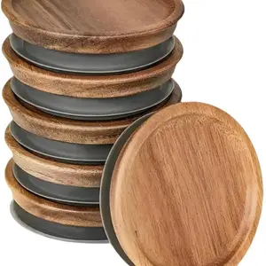 6 Pack Regular Mouth Mason Jar Lids, Reusable Wooden Storage Lid with Silicone Seal for Ball Mason Jar Canning Jars