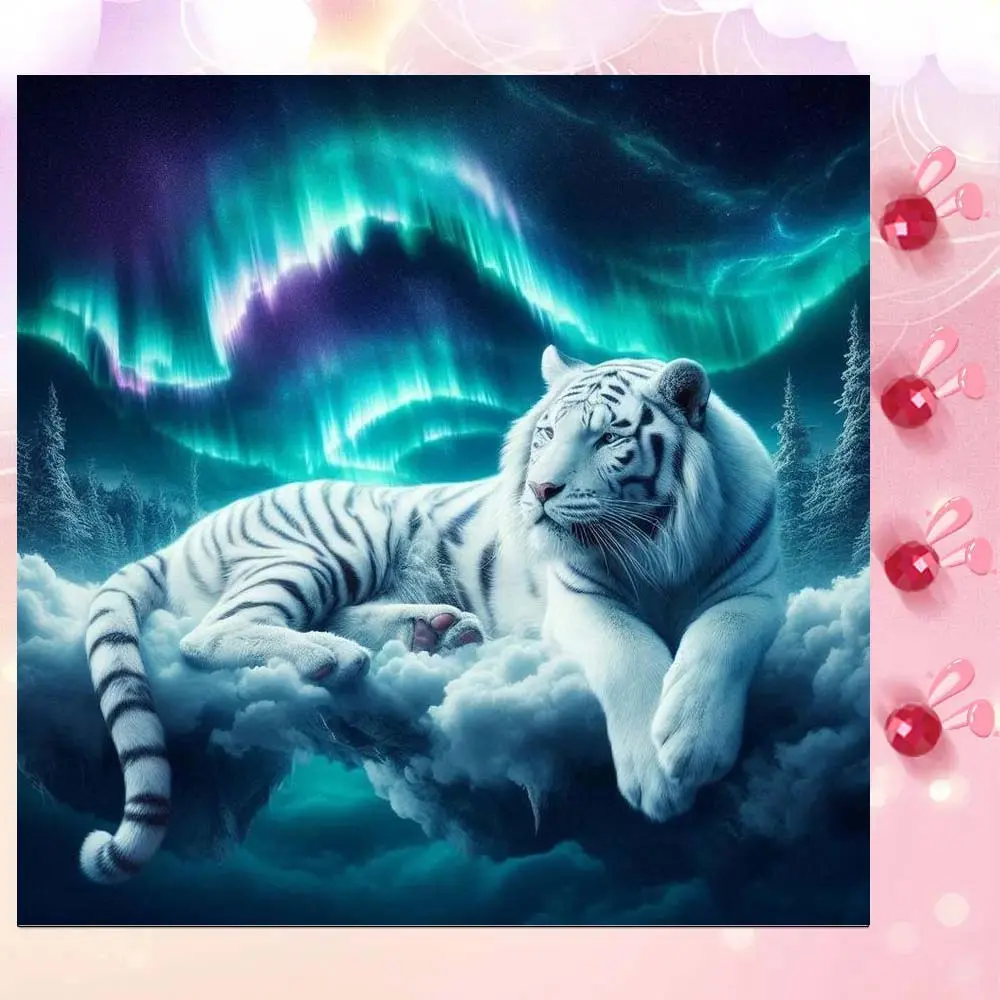 5D DIY Full Drill Round Diamond Painting - Diamond Art Kits, White Tiger, Aurora, White Clouds Mosaic, Canvas - DIY Decorative Painting, Home Wall Decor, Suitable for Halloween and Christmas, Birthday and Anniversary Gifts.