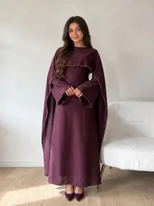 New Muslim Women's Islamic Clothing Plain Long Sleeve Dress with Shawl, Elegant Slim Fit Zipper Two-Piece Set, External Straps, Casual Daily Wear