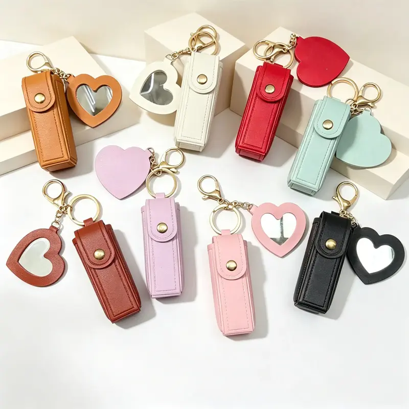 Cute PU Leather Heart-Shape Lip Balm Holder Keychain with Mirror, Small Size Preppy Look Portable Lipstick Case Bag Charm, Cute Girly Gifts for Teen Girls, Mini Useful Gifts,back to school,back to school haul