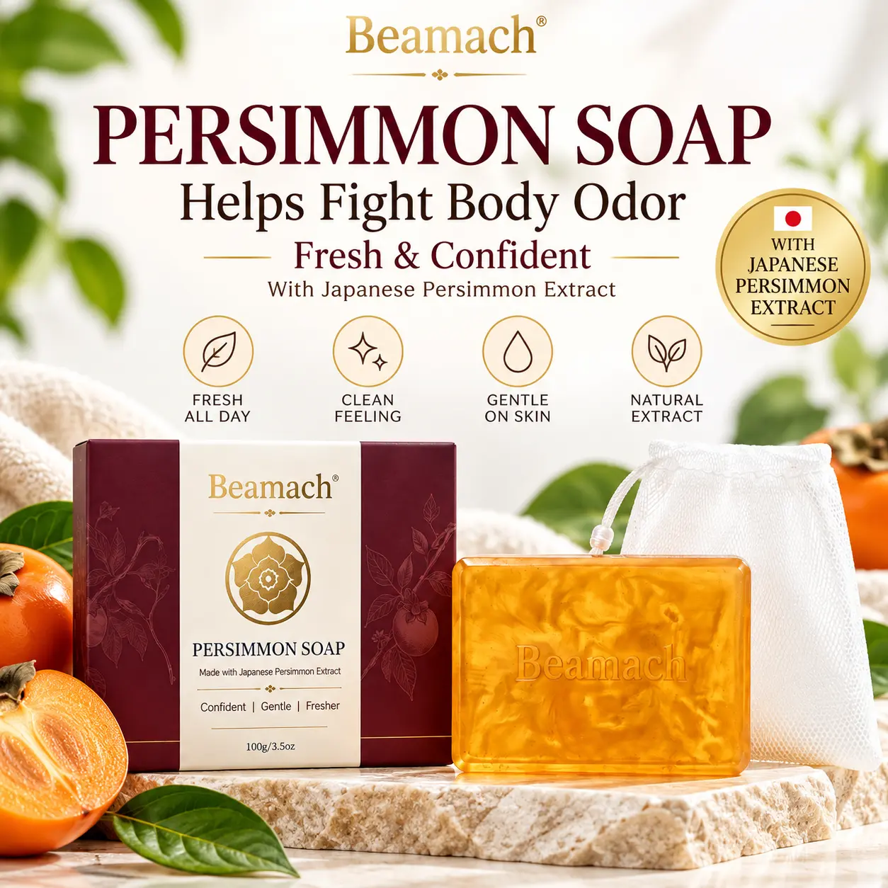 Beamach Persimmon Bar Soap - 3.5oz Body Care Cleanser with Japanese Persimmon Extract, Green Tea, Shea Butter for Age-Related Body Odor, Daily Wash for Adults, Includes Mesh Pouch