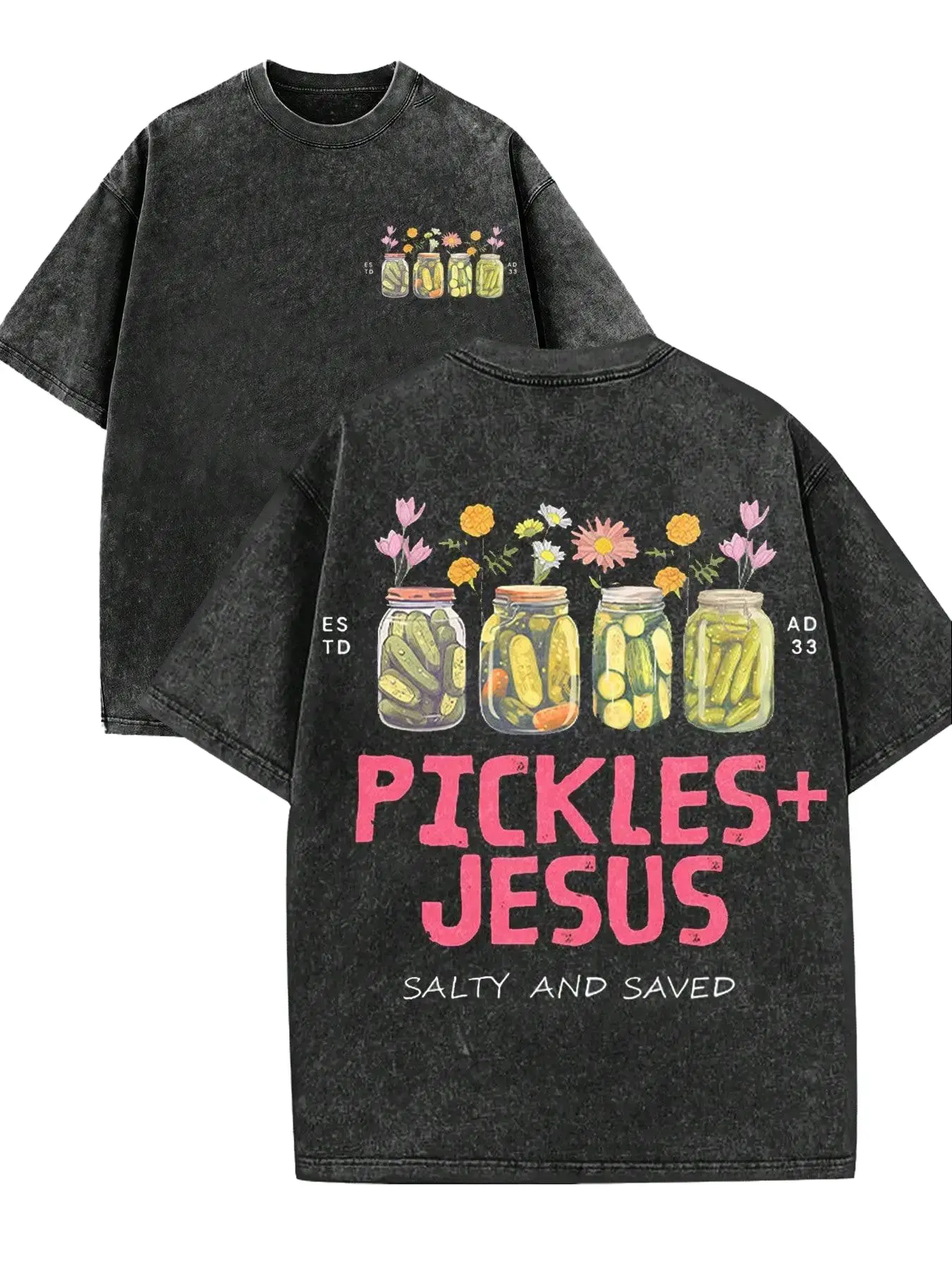 BACK TO SCHOOLCute Retro Vintage Pattern T-Shirt, Pickled Cucumber Glass Jar With Flower Pattern T-Shirt, "PICKLES+JESUS", "SALTY AND SAVED" Christian "Redeemed" Faith Dressing T-Shirt... Retro Loose T-Shirt, Round Neck Menswear Distressed Tshirt fathersd