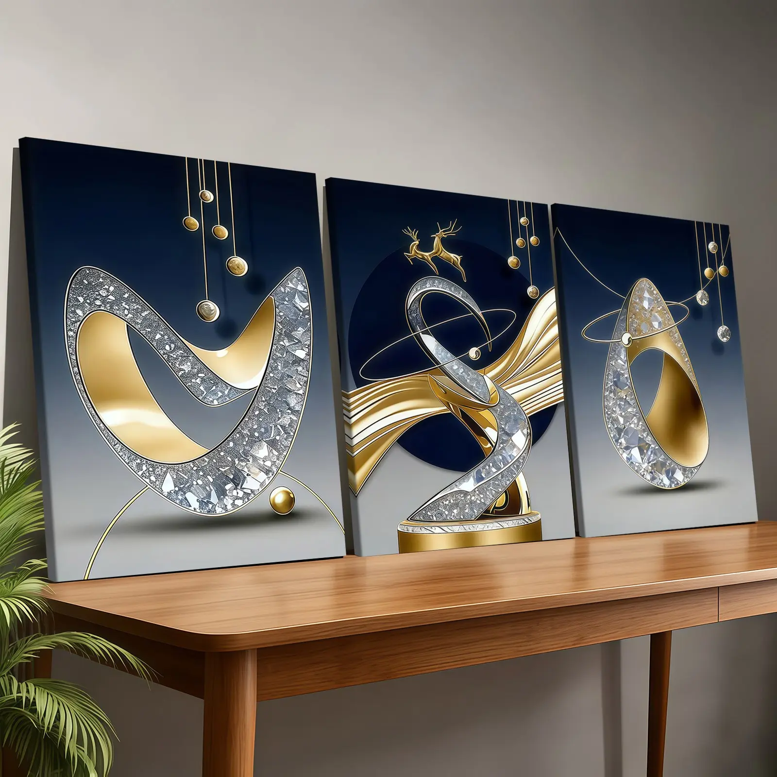 3-Pack Wood Frame Canvas Posters, Modern Luxury Geometric Art, Abstract Art Prints, Abstract Home Decor, Living Room Wall Art, Bedroom, Office, Entryway Decoration Items
