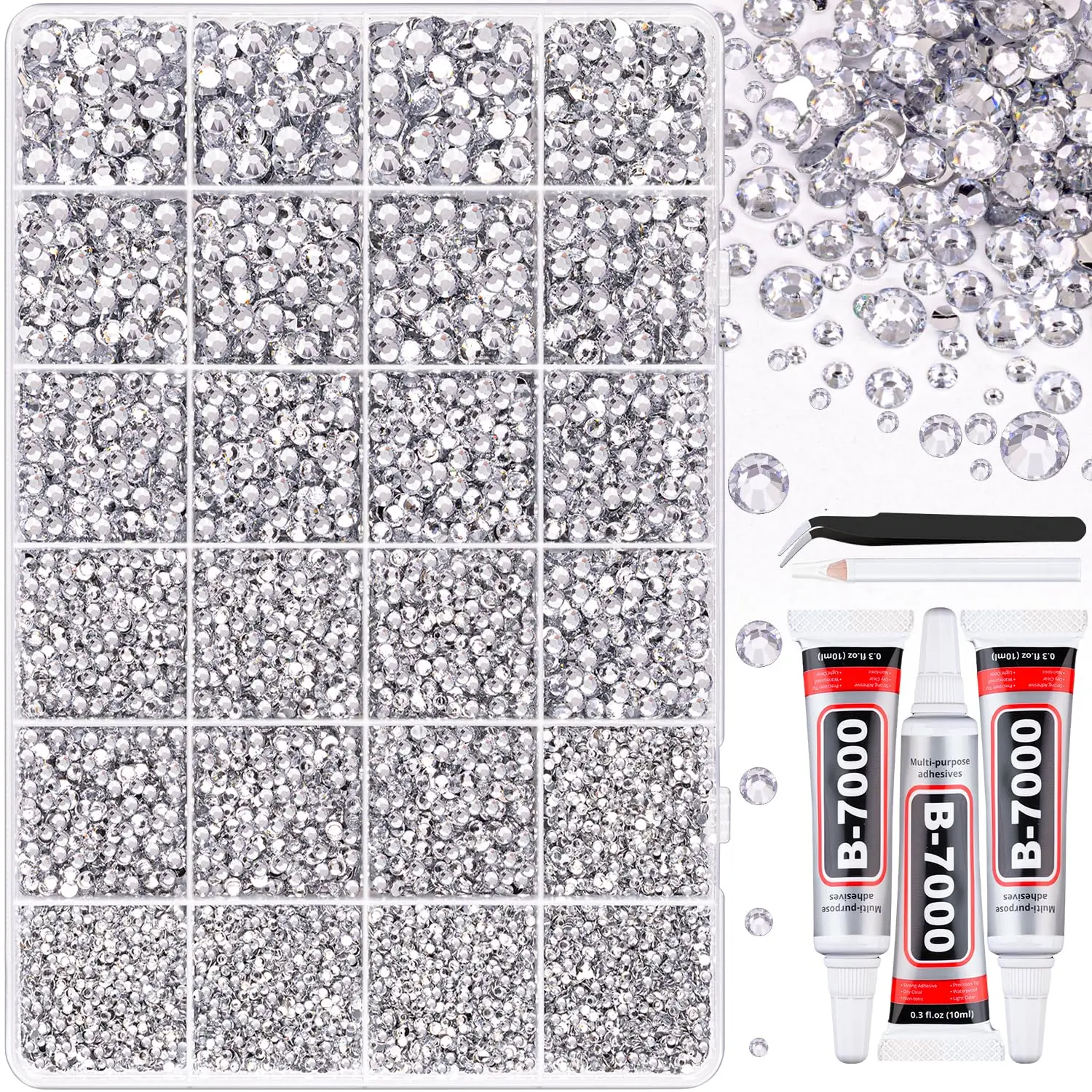 35000Pcs Silver Clear Rhinestones Bedazzling Kit | with 3Pcs B7000 Jewelry Glue, Diamond Art Tools, Multi Size Flatback Gems for Bedazzling Shoes Books Crafts Nail Art Makeup