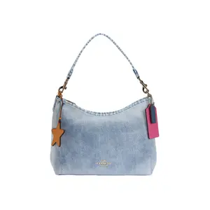 COACH Laurel Denim Charm Tote Bag for Women, Vintage Style, Smooth Pebbled Leather, Oversized, Jeans Blue