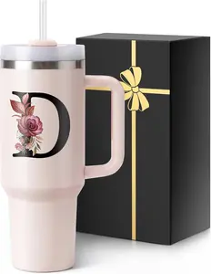 Initial 40 Oz Tumbler with Handle Lid Insulated Travel Cup Women Her Sister Mom Girlfriend Aunt Best Friend Friendship Bestie Wife Birthday Cool Cute Daughter Law Lady Unique Aesthetic Gift D