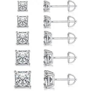 18K Gold Plated Princess Cut Cubic Zirconia Screw Back Stud Earring Pack of 5 Pairs (5 Pairs)