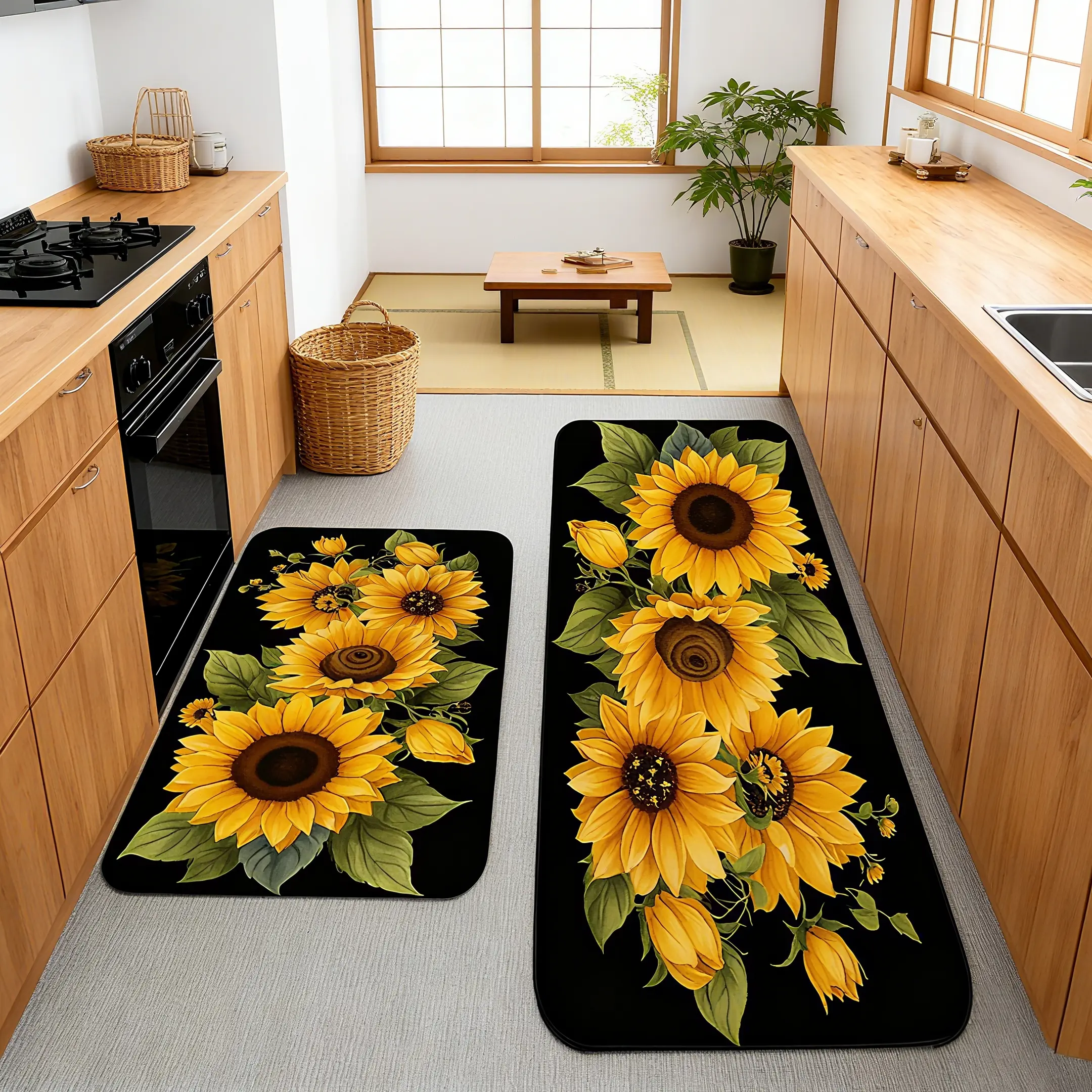 Kitchen floor mat, kitchen rug, Flower rugs, kitchen mat set, sunflower design kitchen mat, floral kitchen long mat, non-slip soft, multifunctional for kitchen, living room, bedroom and other areas, Decorative Mats