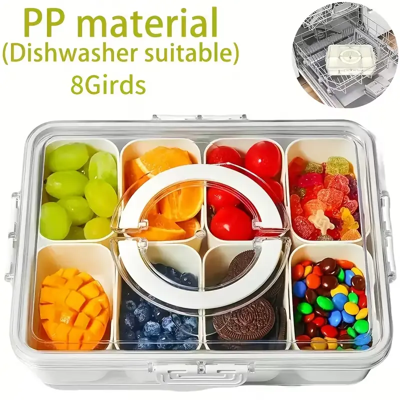 4/8 Compartment Clear Snack Box with Lid and Handle PP Material Dishwasher Safe for Picnics Parties Camping Cookouts Maintain Freshness Ideal for Fruit Vegetables Home Office Travel Christmas Gift Container Kitchen pre-seasoned pataconer Transparent
