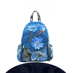 Women’s small canvas backpack made of cotton and linen, ethnic style tie-dye blue craft design, artistic travel casual bag