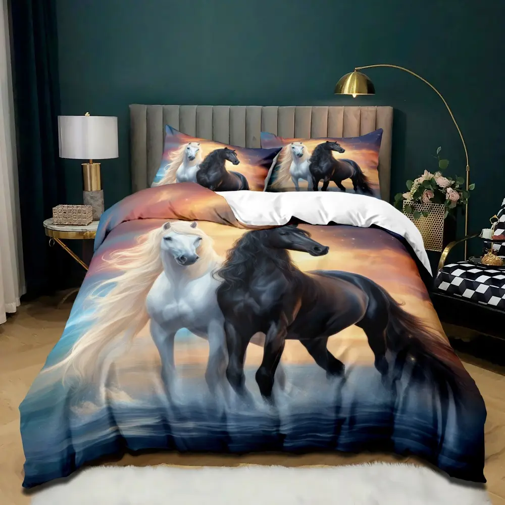 3-Piece Couple Horse Quilt Set, Running Horse Polyester Fiber Low Allergy, Comfortable Soft Fabric, Bedding Supplies, Comfy Bedding Sets