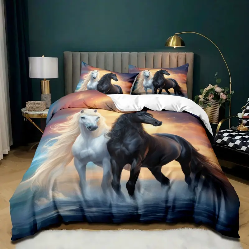 3-Piece High-Definition Digital Print Horse Comforter Set, Includes 1 Fitted Sheet + 2 Pillowcases, Soft Polyester Fabric, Home Use