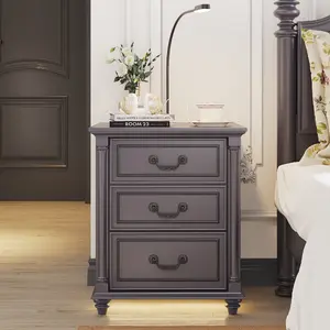 Dystler Farmhouse Nightstand with Gun Drawer and 3 Large Storage Drawers,Smart Bedside End Table with LED Light and Human Sensor Charging Station(Grey)