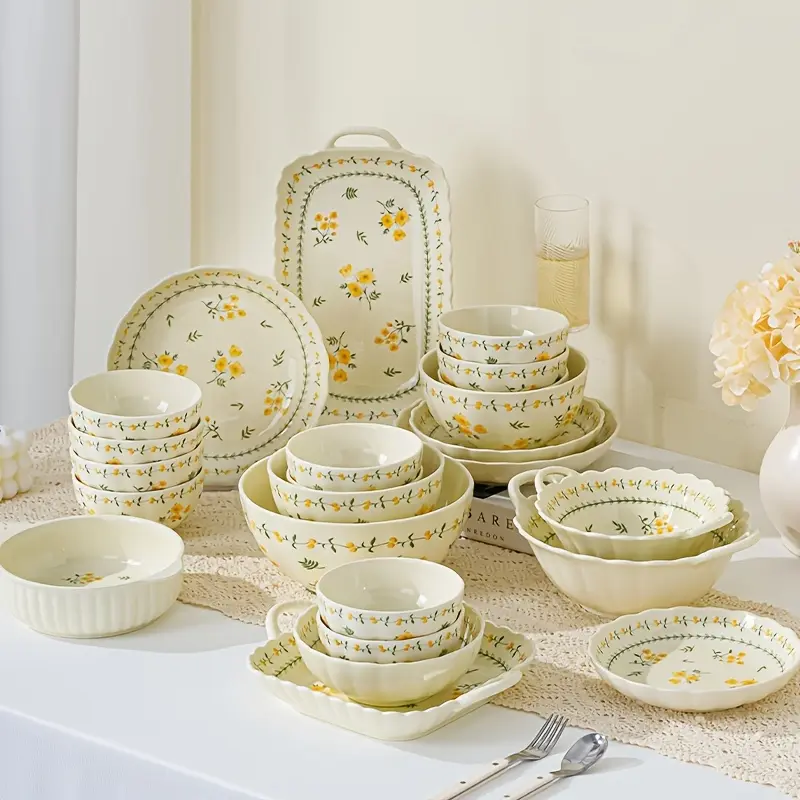 24/36/48-piece ceramic tableware set with small yellow flower pattern in warm color tone, dishwasher safe, microwave safe, perfect for spring use and suitable for holding all kinds of food